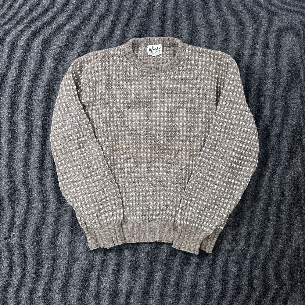 Vintage 80s Woolrich Brown Birds Eye Pattern Knit Crewneck Mens L Wool Sweater